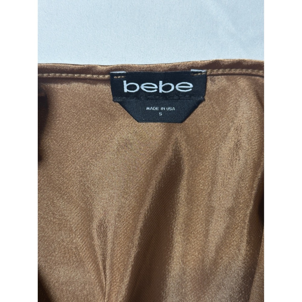 Bebe Bronze Satin Cowl Neck Midi Slip Dress Spaghetti Strap Lettuce Hem Small - Picture 3 of 6